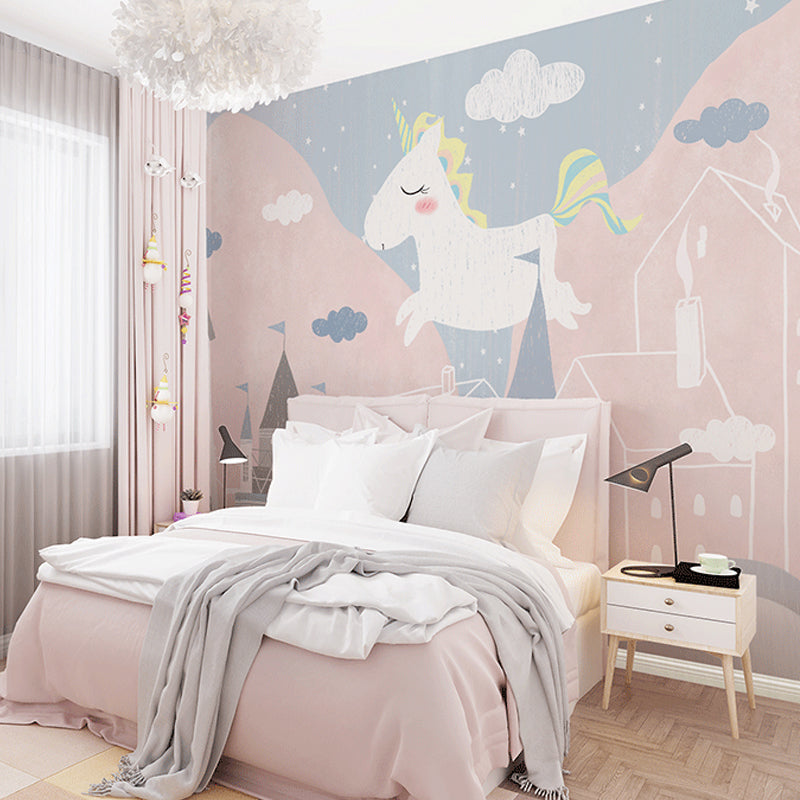 Whole Tiny Horse Wall Covering for Children Fantasy Sky Mural Wallpaper in Pastel Pink, Water-Resistant Clearhalo 'Wall Decor' 'Wall Mural' 965523