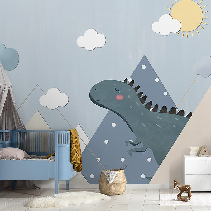 Full Illustration Simple Wall Mural Kid's Bedroom Cartoon Dinosaur in Blue Blue Clearhalo 'Wall Decor' 'Wall Mural' 965526