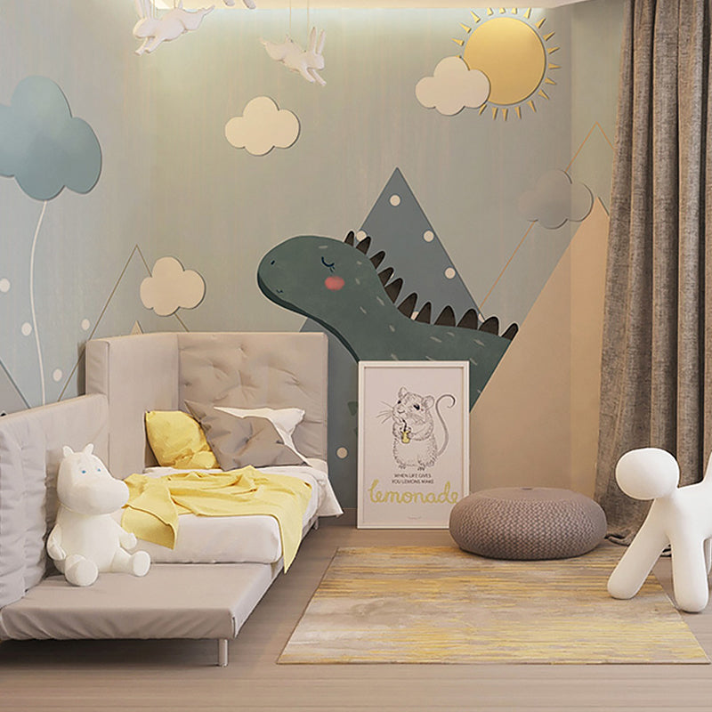 Full Illustration Simple Wall Mural Kid's Bedroom Cartoon Dinosaur in Blue Clearhalo 'Wall Decor' 'Wall Mural' 965528