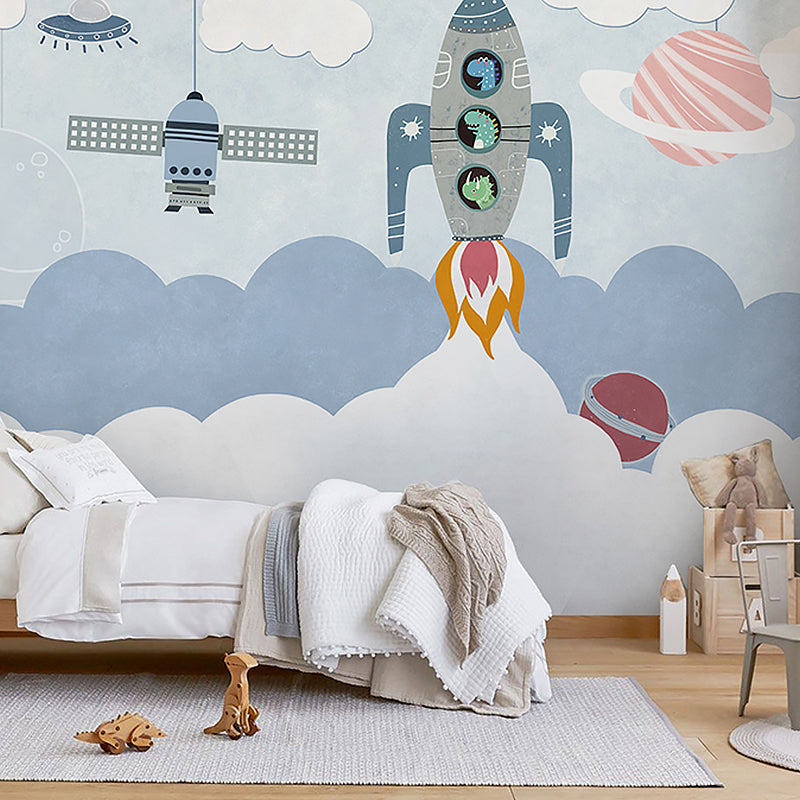 Stain-Resistant Rocket Wall Covering Personalized Minimalist Wall Mural for Kindergartner Blue Clearhalo 'Wall Decor' 'Wall Mural' 965566