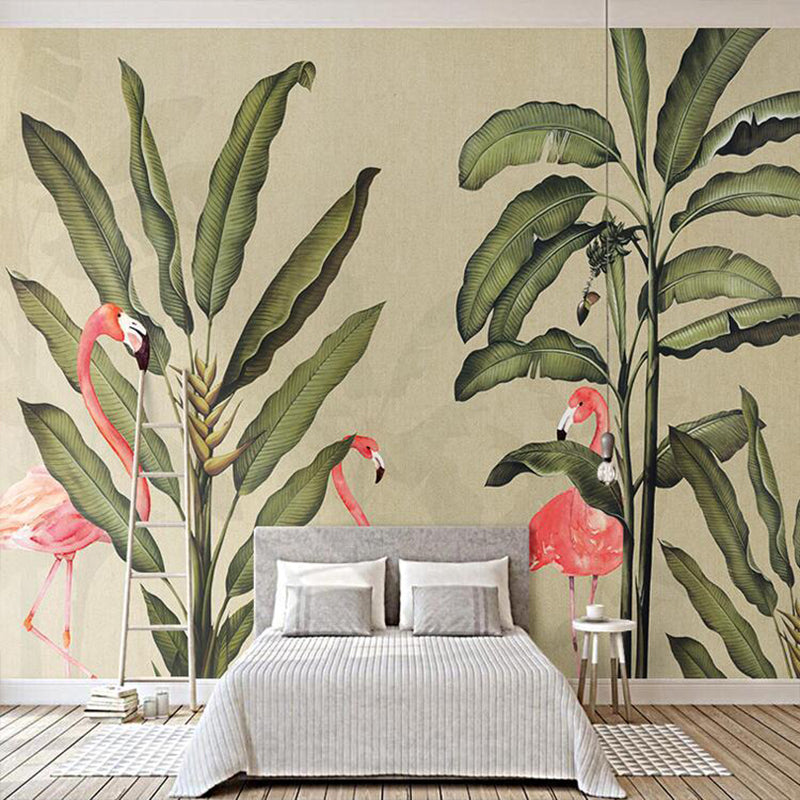 Big Flamingo and Leaf Mural in Pink and Green Non-Woven Fabric Wall Art for Home Decor, Made to Measure Pink-Green Clearhalo 'Wall Decor' 'Wall Mural' 965601