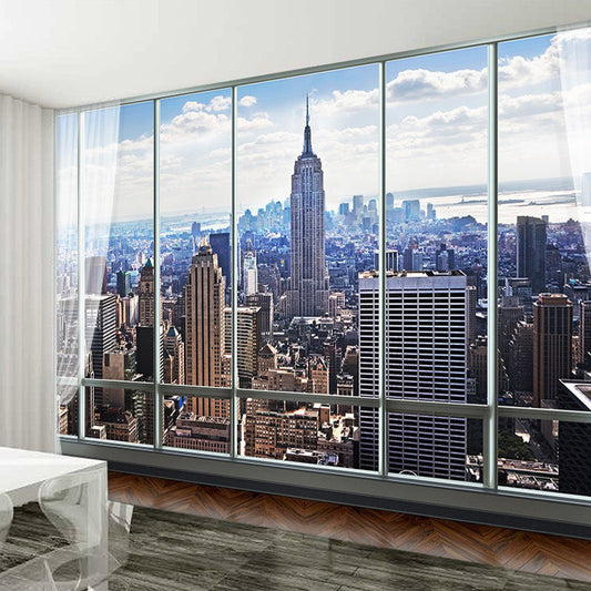 Waterproofing 3D City Wall Art Contemporary Mural Wallpaper for Meeting Room in Blue and Brown Clearhalo 'Wall Decor' 'Wall Mural' 965680