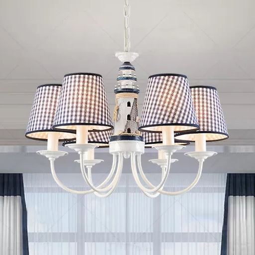 Kids Blue Pendant Light with Plaid Shade Lighthouse 6 Lights Metal Chandelier for Child Bedroom Clearhalo 'Ceiling Lights' 'Chandeliers' Lighting' options 96576