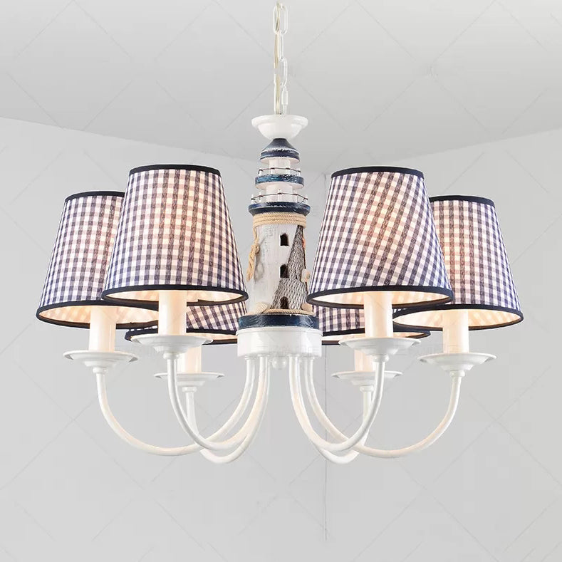 Kids Blue Pendant Light with Plaid Shade Lighthouse 6 Lights Metal Chandelier for Child Bedroom Clearhalo 'Ceiling Lights' 'Chandeliers' Lighting' options 96577