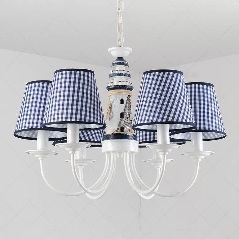 Kids Blue Pendant Light with Plaid Shade Lighthouse 6 Lights Metal Chandelier for Child Bedroom Clearhalo 'Ceiling Lights' 'Chandeliers' Lighting' options 96578
