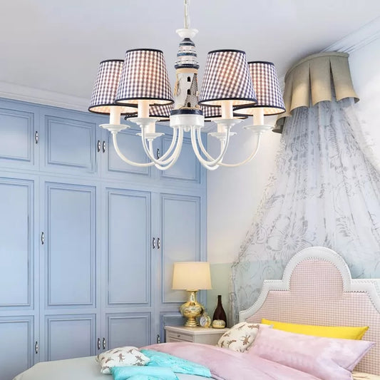 Kids Blue Pendant Light with Plaid Shade Lighthouse 6 Lights Metal Chandelier for Child Bedroom Clearhalo 'Ceiling Lights' 'Chandeliers' Lighting' options 96580