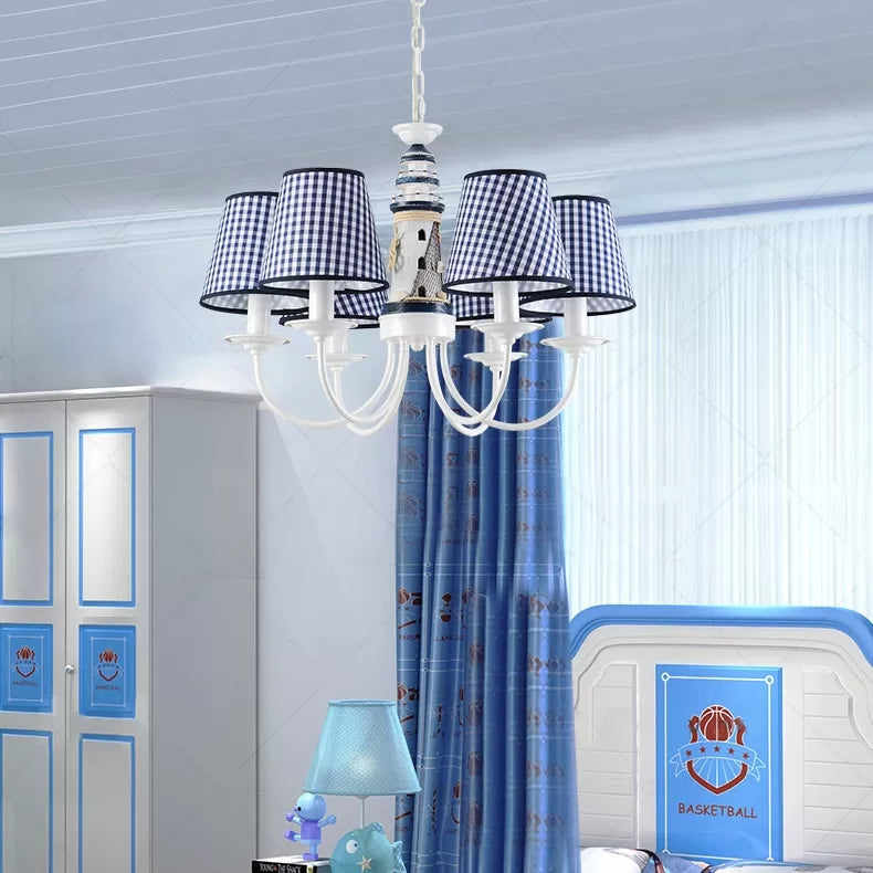 Kids Blue Pendant Light with Plaid Shade Lighthouse 6 Lights Metal Chandelier for Child Bedroom Clearhalo 'Ceiling Lights' 'Chandeliers' Lighting' options 96581