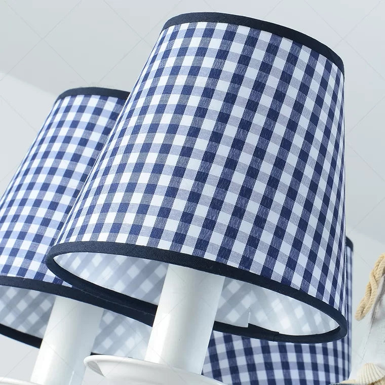 Kids Blue Pendant Light with Plaid Shade Lighthouse 6 Lights Metal Chandelier for Child Bedroom Clearhalo 'Ceiling Lights' 'Chandeliers' Lighting' options 96582