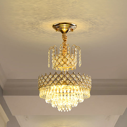 Gold LED Ceiling Pendant Lamp Vintage Crystal Layered Cone Shaped Chandelier for Corridor Clearhalo 'Ceiling Lights' 'Chandeliers' Lighting' options 965827