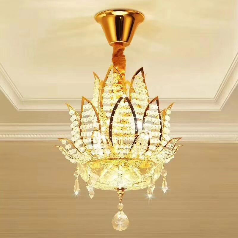 Traditional Lotus Flush Mount Lamp 3-Light Crystal Close to Ceiling Light in Gold Gold Clearhalo 'Ceiling Lights' 'Close To Ceiling Lights' 'Close to ceiling' 'Semi-flushmount' Lighting' 965832