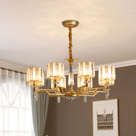 Prismatic Crystal Cylinder Up Chandelier Postmodern 8 Heads Living Room Suspended Lighting Fixture in Gold Gold Clearhalo 'Ceiling Lights' 'Chandeliers' 'Modern Chandeliers' 'Modern' Lighting' 965837