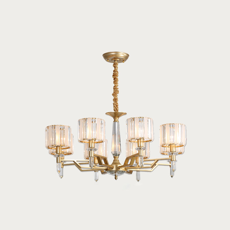 Prismatic Crystal Cylinder Up Chandelier Postmodern 8 Heads Living Room Suspended Lighting Fixture in Gold Clearhalo 'Ceiling Lights' 'Chandeliers' 'Modern Chandeliers' 'Modern' Lighting' 965840