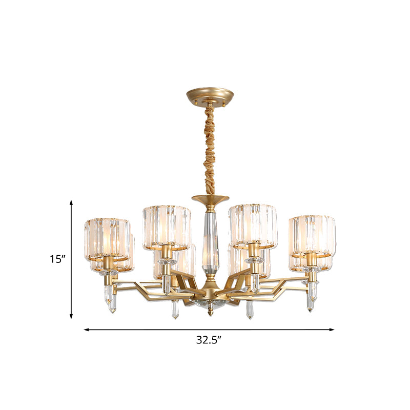 Prismatic Crystal Cylinder Up Chandelier Postmodern 8 Heads Living Room Suspended Lighting Fixture in Gold Clearhalo 'Ceiling Lights' 'Chandeliers' 'Modern Chandeliers' 'Modern' Lighting' 965841