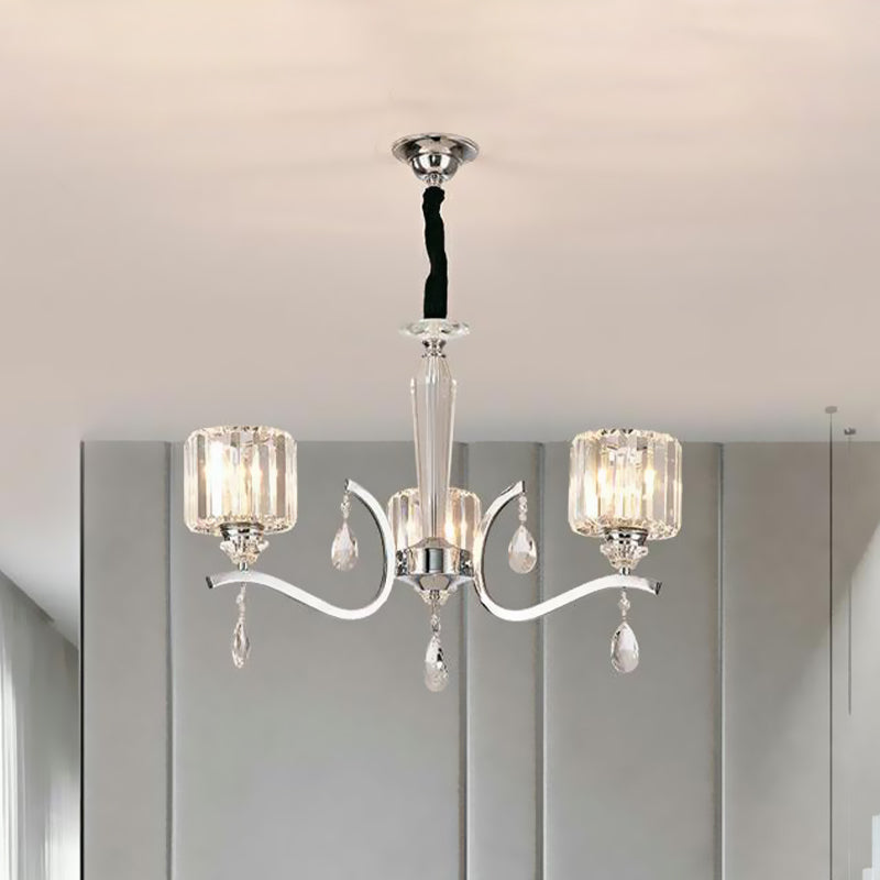 3-Bulb Chandelier Lamp Contemporary Cylindrical Crystal Hanging Light with Chrome Curved Arm Clearhalo 'Ceiling Lights' 'Chandeliers' Lighting' options 965842