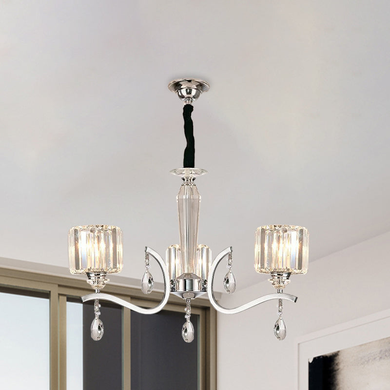 3-Bulb Chandelier Lamp Contemporary Cylindrical Crystal Hanging Light with Chrome Curved Arm Clearhalo 'Ceiling Lights' 'Chandeliers' Lighting' options 965843