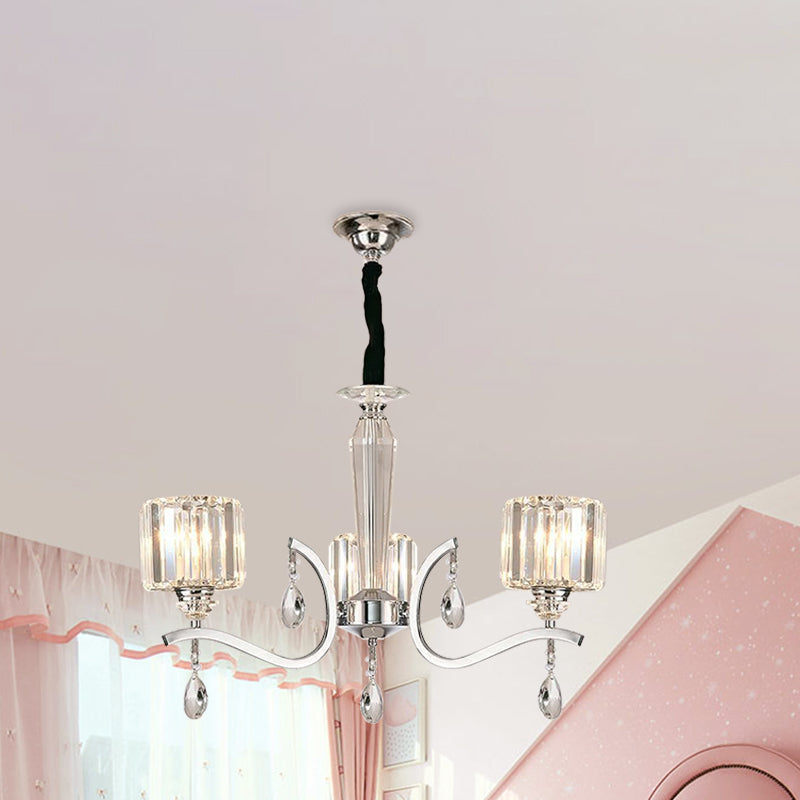 3-Bulb Chandelier Lamp Contemporary Cylindrical Crystal Hanging Light with Chrome Curved Arm Clearhalo 'Ceiling Lights' 'Chandeliers' Lighting' options 965844