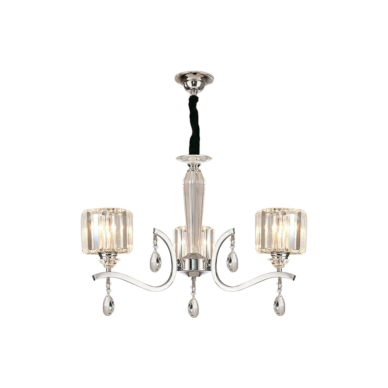 3-Bulb Chandelier Lamp Contemporary Cylindrical Crystal Hanging Light with Chrome Curved Arm Clearhalo 'Ceiling Lights' 'Chandeliers' Lighting' options 965845