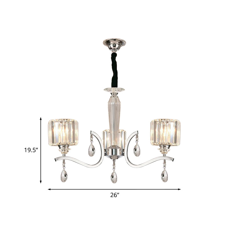 3-Bulb Chandelier Lamp Contemporary Cylindrical Crystal Hanging Light with Chrome Curved Arm Clearhalo 'Ceiling Lights' 'Chandeliers' Lighting' options 965846