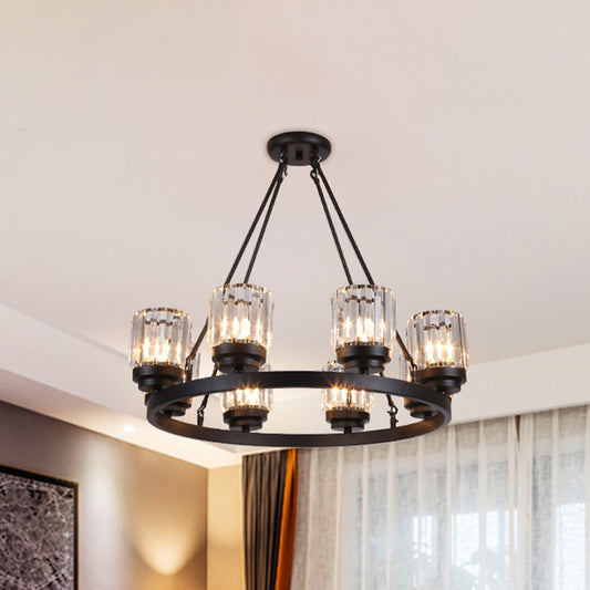 Black Wagon Wheel Chandelier Vintage Iron 8-Head Living Room Hanging Pendant with Cylinder Crystal Shade Black Clearhalo 'Ceiling Lights' 'Chandeliers' 'Modern Chandeliers' 'Modern' Lighting' 965847