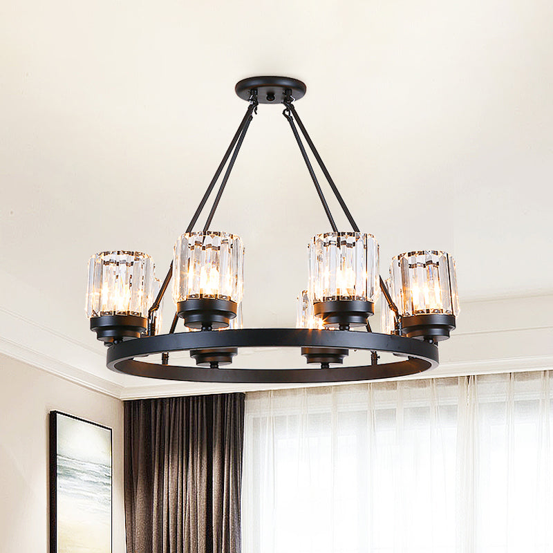 Black Wagon Wheel Chandelier Vintage Iron 8-Head Living Room Hanging Pendant with Cylinder Crystal Shade Clearhalo 'Ceiling Lights' 'Chandeliers' 'Modern Chandeliers' 'Modern' Lighting' 965848