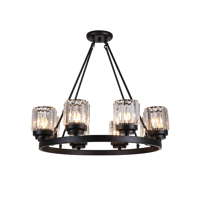 Black Wagon Wheel Chandelier Vintage Iron 8-Head Living Room Hanging Pendant with Cylinder Crystal Shade Clearhalo 'Ceiling Lights' 'Chandeliers' 'Modern Chandeliers' 'Modern' Lighting' 965849