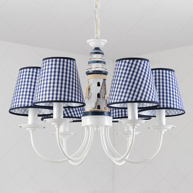 Kids Blue Pendant Light with Plaid Shade Lighthouse 6 Lights Metal Chandelier for Child Bedroom Clearhalo 'Ceiling Lights' 'Chandeliers' Lighting' options 96585