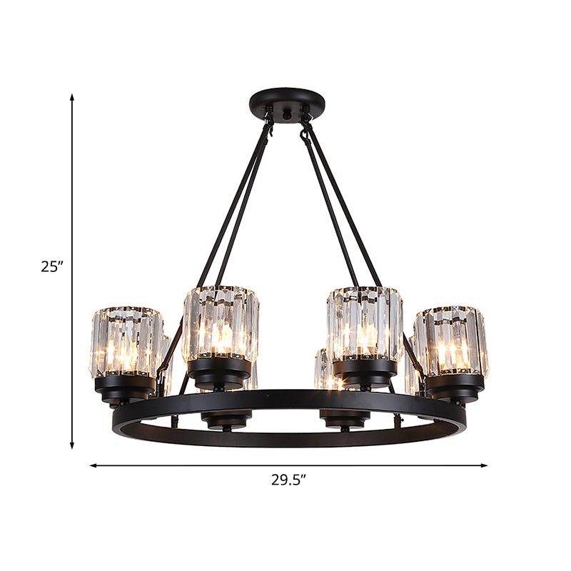 Black Wagon Wheel Chandelier Vintage Iron 8-Head Living Room Hanging Pendant with Cylinder Crystal Shade Clearhalo 'Ceiling Lights' 'Chandeliers' 'Modern Chandeliers' 'Modern' Lighting' 965851