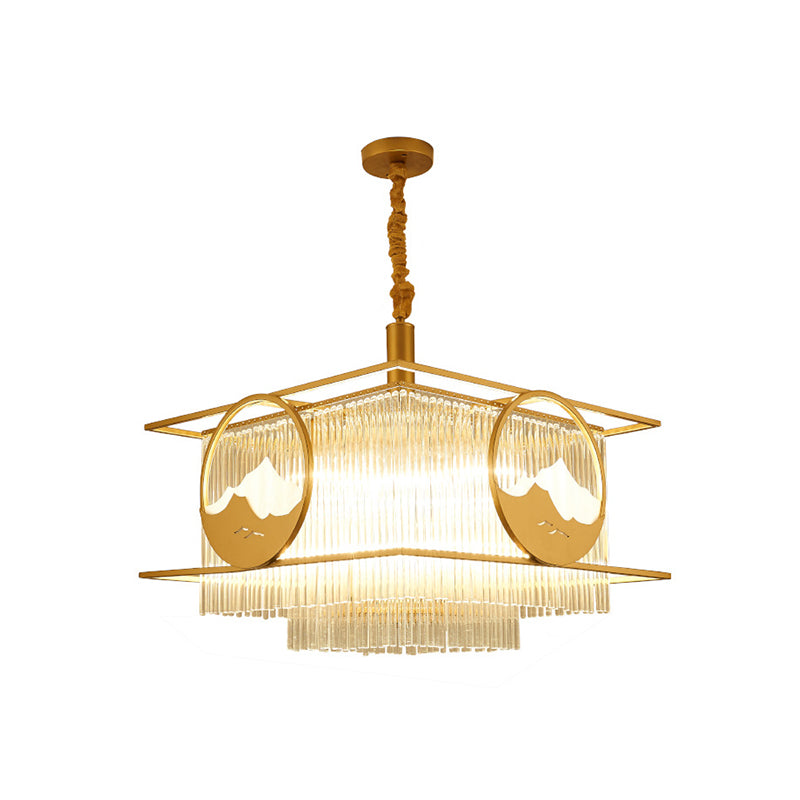 Square/Round Crystal Rods Drop Lamp Traditional 8 Lights Sitting Room Chandelier with Gold Frame Clearhalo 'Ceiling Lights' 'Chandeliers' Lighting' options 965860