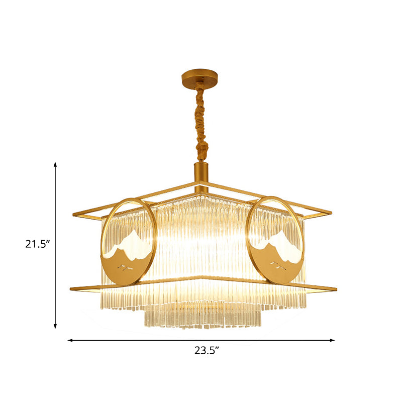 Square/Round Crystal Rods Drop Lamp Traditional 8 Lights Sitting Room Chandelier with Gold Frame Clearhalo 'Ceiling Lights' 'Chandeliers' Lighting' options 965861