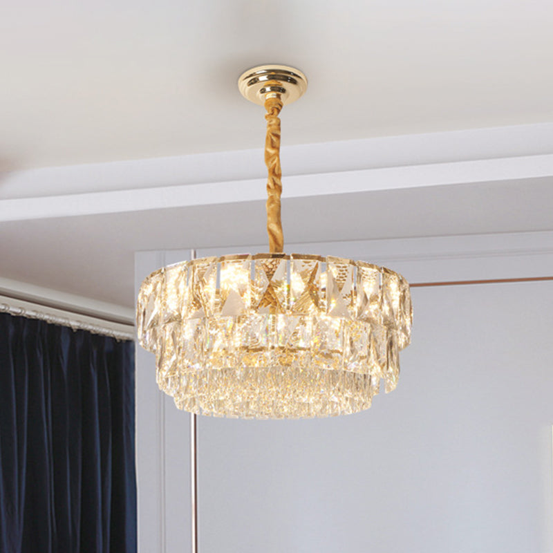 10-Light Drum Chandelier Lighting Simple Gold Cut K9 Crystal Ceiling Suspension Lamp over Table Gold Clearhalo 'Ceiling Lights' 'Chandeliers' Lighting' options 965867_f0ceaee8-4407-418b-b203-4ceb9b476fe9