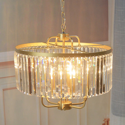 Gold 7-Head Pendant Chandelier Post-Modern Drum Tri-Sided Crystal Rods Hanging Light Fixture Gold Clearhalo 'Ceiling Lights' 'Chandeliers' 'Modern Chandeliers' 'Modern' Lighting' 965882