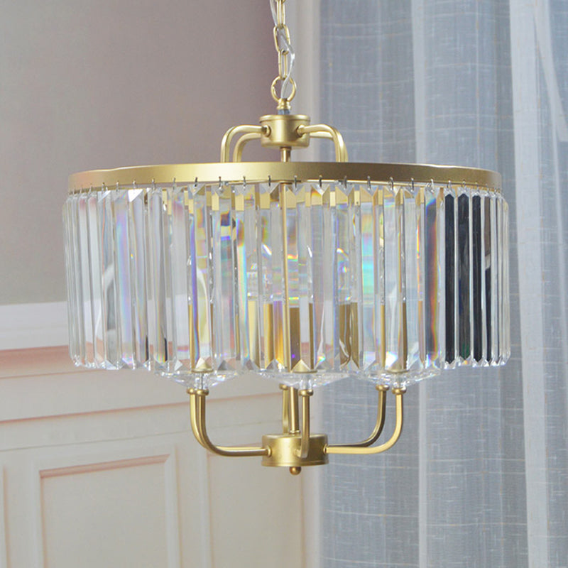 Gold 7-Head Pendant Chandelier Post-Modern Drum Tri-Sided Crystal Rods Hanging Light Fixture Clearhalo 'Ceiling Lights' 'Chandeliers' 'Modern Chandeliers' 'Modern' Lighting' 965884