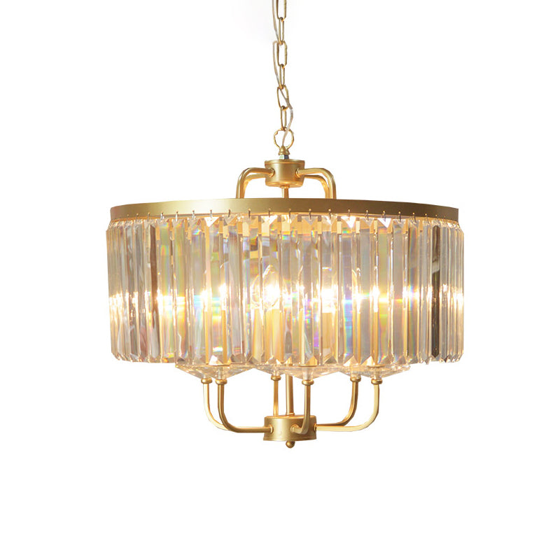 Gold 7-Head Pendant Chandelier Post-Modern Drum Tri-Sided Crystal Rods Hanging Light Fixture Clearhalo 'Ceiling Lights' 'Chandeliers' 'Modern Chandeliers' 'Modern' Lighting' 965885