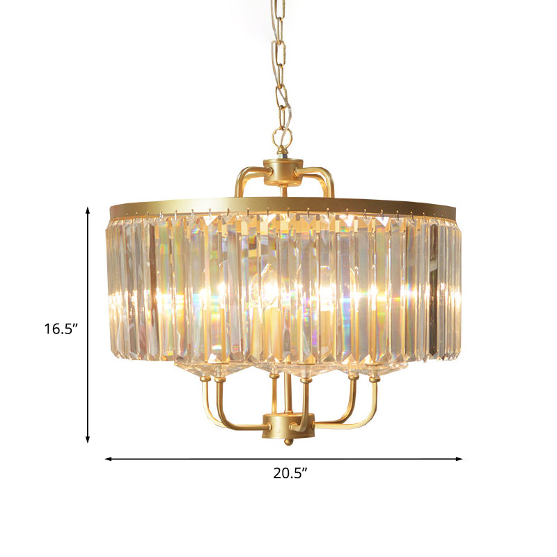 Gold 7-Head Pendant Chandelier Post-Modern Drum Tri-Sided Crystal Rods Hanging Light Fixture Clearhalo 'Ceiling Lights' 'Chandeliers' 'Modern Chandeliers' 'Modern' Lighting' 965886