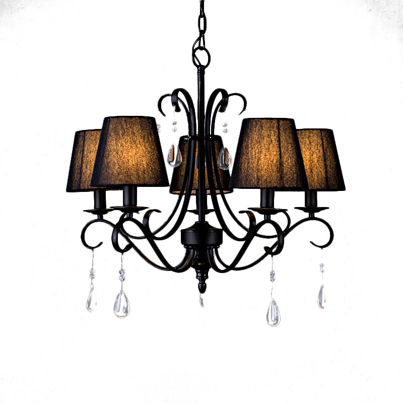 Black Conical Suspension Pendant Rustic Fabric 5 Lights Living Room Chandelier with Swirl Arm and Crystal Drop Clearhalo 'Ceiling Lights' 'Chandeliers' Lighting' options 965889