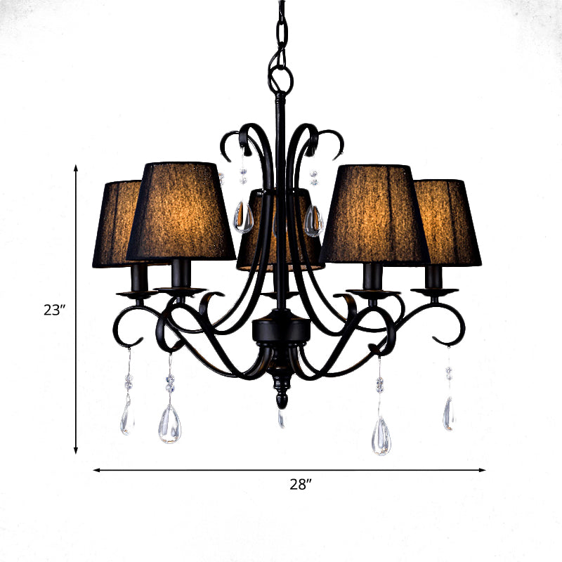 Black Conical Suspension Pendant Rustic Fabric 5 Lights Living Room Chandelier with Swirl Arm and Crystal Drop Clearhalo 'Ceiling Lights' 'Chandeliers' Lighting' options 965891