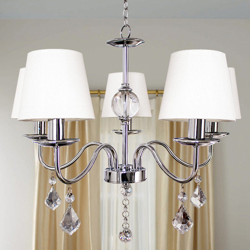 Modern Style Cone Chandelier 5 Heads Fabric Ceiling Pendant in White-Chrome with Crystal Pendeloques Chrome Clearhalo 'Ceiling Lights' 'Chandeliers' Lighting' options 965892_dd748302-f47e-4b41-bb4b-1819973037bd