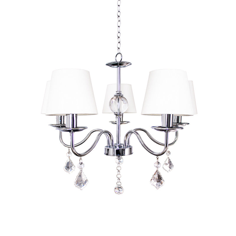Modern Style Cone Chandelier 5 Heads Fabric Ceiling Pendant in White-Chrome with Crystal Pendeloques Clearhalo 'Ceiling Lights' 'Chandeliers' Lighting' options 965895