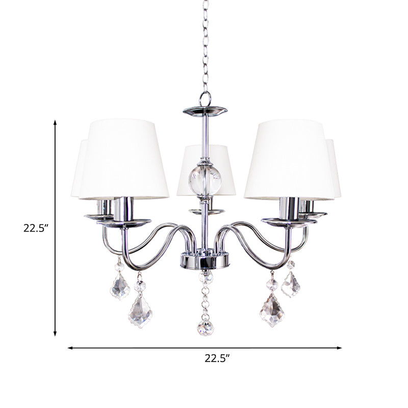 Modern Style Cone Chandelier 5 Heads Fabric Ceiling Pendant in White-Chrome with Crystal Pendeloques Clearhalo 'Ceiling Lights' 'Chandeliers' Lighting' options 965896
