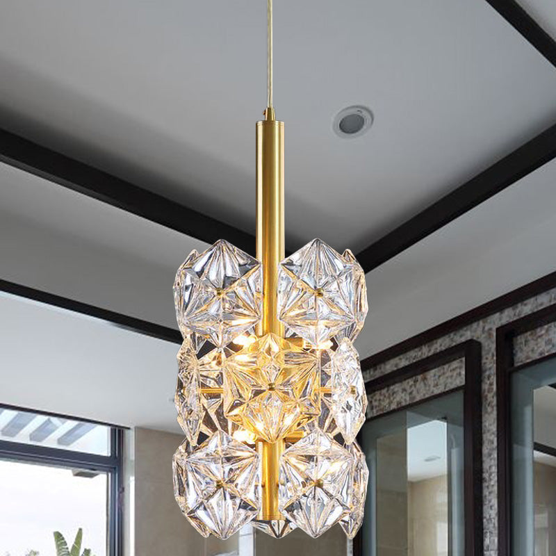 Hexagonal K9 Crystal Cylinder Drop Lamp Simplicity 6-Bulb Bedroom Hanging Pendant Light in Gold Gold Clearhalo 'Ceiling Lights' 'Modern Pendants' 'Modern' 'Pendant Lights' 'Pendants' Lighting' 965897