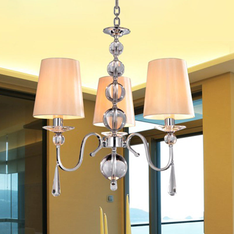 Conic Fabric Hanging Chandelier Modernist 3 Heads Restaurant Down Lighting with Gourd Crystal Decor in Chrome Chrome Clearhalo 'Ceiling Lights' 'Chandeliers' Lighting' options 965907_4651d4f7-5513-45b9-882a-d146bbdaf0aa