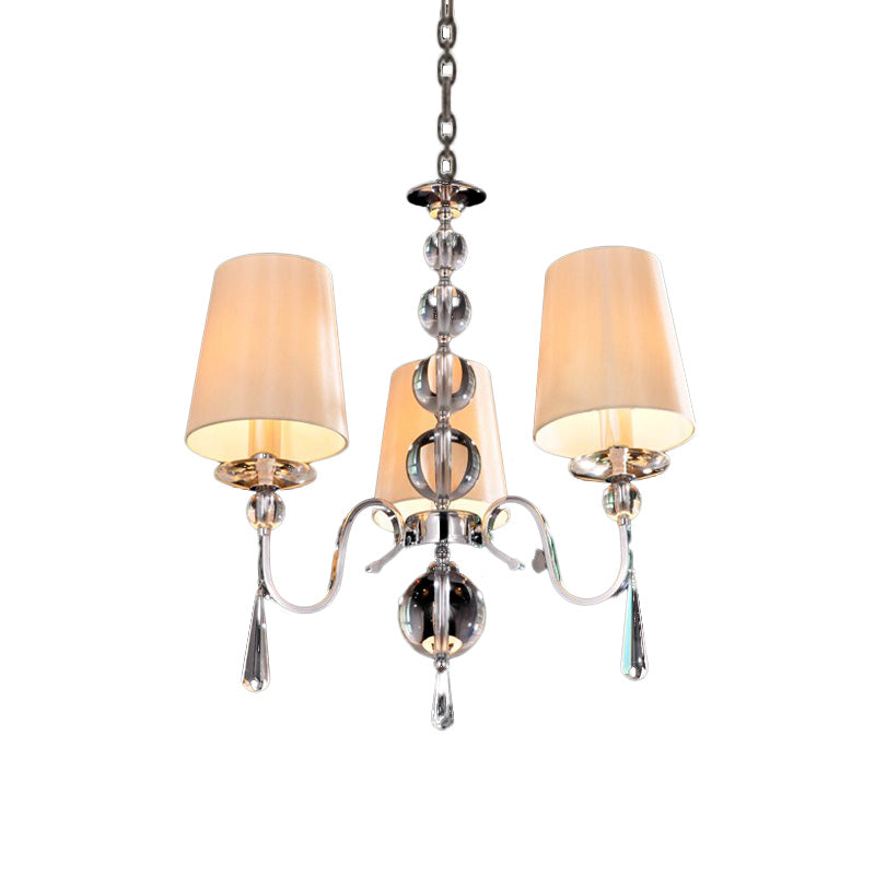 Conic Fabric Hanging Chandelier Modernist 3 Heads Restaurant Down Lighting with Gourd Crystal Decor in Chrome Clearhalo 'Ceiling Lights' 'Chandeliers' Lighting' options 965909