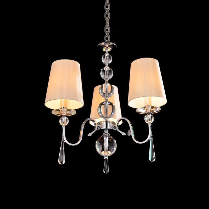 Conic Fabric Hanging Chandelier Modernist 3 Heads Restaurant Down Lighting with Gourd Crystal Decor in Chrome Clearhalo 'Ceiling Lights' 'Chandeliers' Lighting' options 965910