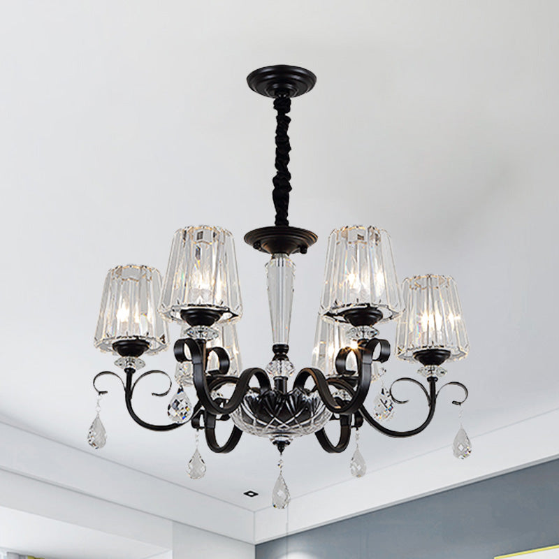 Cone Shade Hotel Ceiling Chandelier Retro Prismatic Crystal 3/6-Light Black Drop Pendant with Scroll Element Clearhalo 'Ceiling Lights' 'Chandeliers' Lighting' options 965913