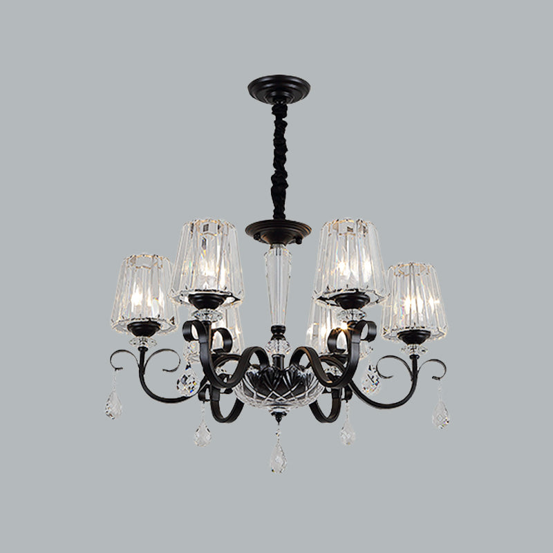 Cone Shade Hotel Ceiling Chandelier Retro Prismatic Crystal 3/6-Light Black Drop Pendant with Scroll Element Clearhalo 'Ceiling Lights' 'Chandeliers' Lighting' options 965915