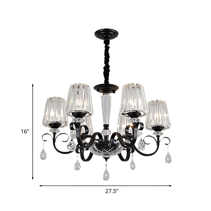 Cone Shade Hotel Ceiling Chandelier Retro Prismatic Crystal 3/6-Light Black Drop Pendant with Scroll Element Clearhalo 'Ceiling Lights' 'Chandeliers' Lighting' options 965916