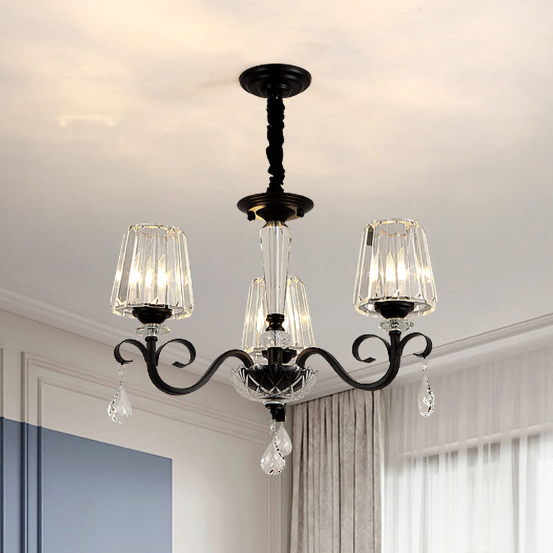 Cone Shade Hotel Ceiling Chandelier Retro Prismatic Crystal 3/6-Light Black Drop Pendant with Scroll Element Clearhalo 'Ceiling Lights' 'Chandeliers' Lighting' options 965917