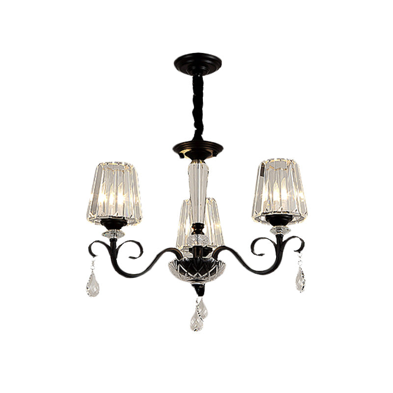 Cone Shade Hotel Ceiling Chandelier Retro Prismatic Crystal 3/6-Light Black Drop Pendant with Scroll Element Clearhalo 'Ceiling Lights' 'Chandeliers' Lighting' options 965919