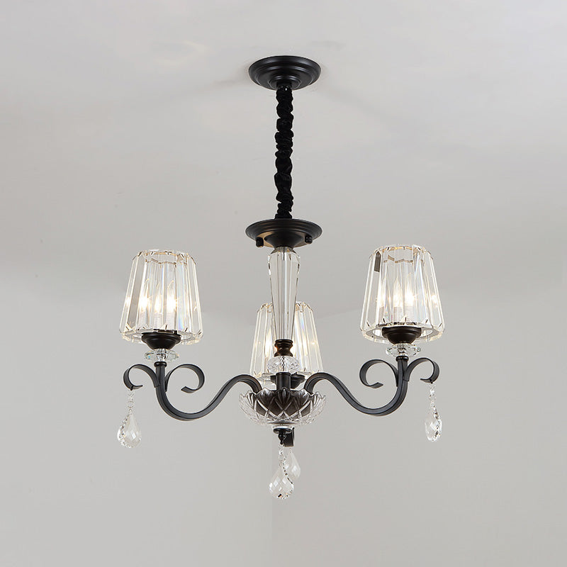 Cone Shade Hotel Ceiling Chandelier Retro Prismatic Crystal 3/6-Light Black Drop Pendant with Scroll Element Clearhalo 'Ceiling Lights' 'Chandeliers' Lighting' options 965920