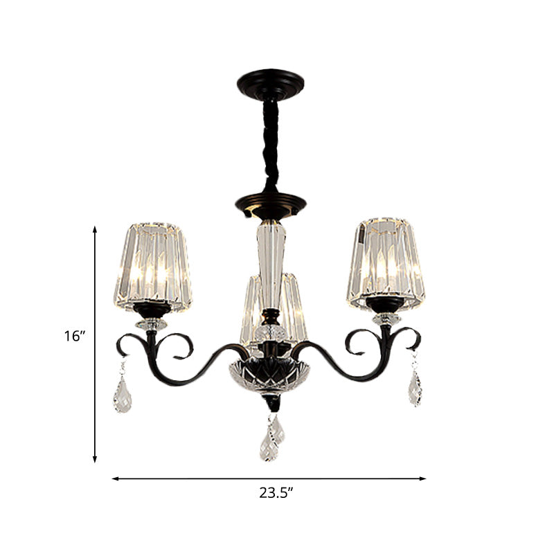 Cone Shade Hotel Ceiling Chandelier Retro Prismatic Crystal 3/6-Light Black Drop Pendant with Scroll Element Clearhalo 'Ceiling Lights' 'Chandeliers' Lighting' options 965921